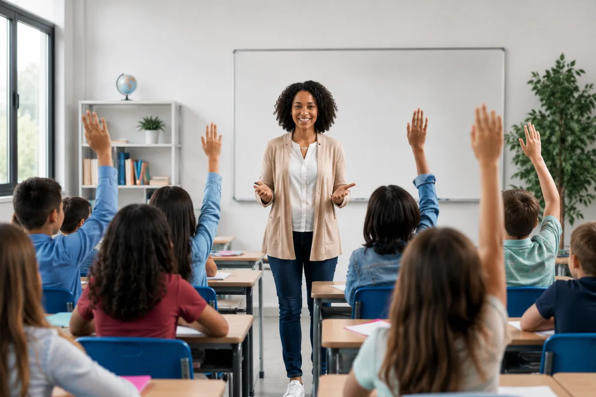 Teacher with pupils in a UK classroom